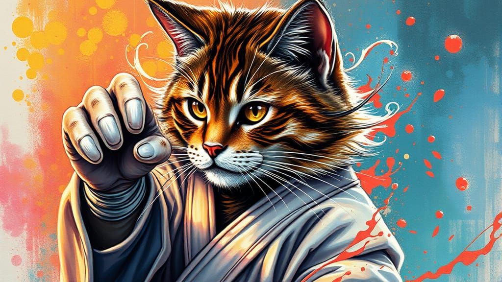 Hyperrealistic Karate Cat in Splash Art Style