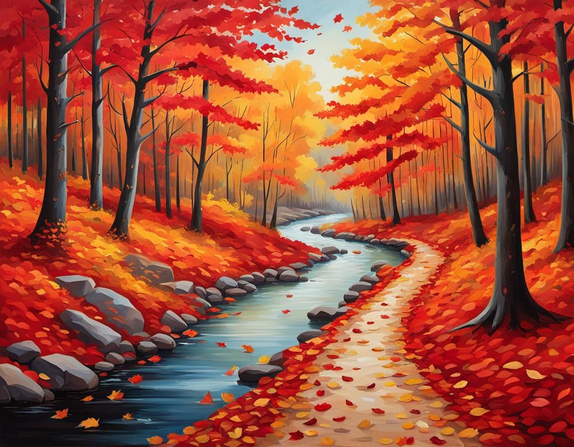 Autumn Forest Path with Deer, Vibrant Painting