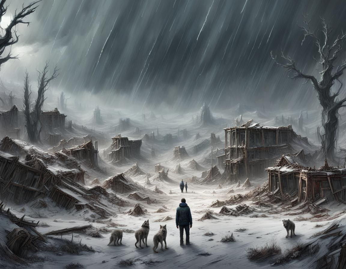 Epic Post-Apocalyptic Wasteland with Wolves, Ruins, and Thun...
