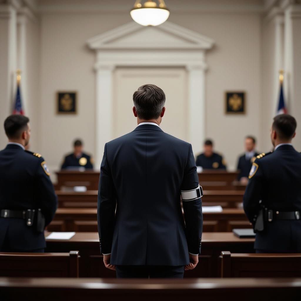 Man in Courtroom with Ankle Monitor: Photorealistic Style
