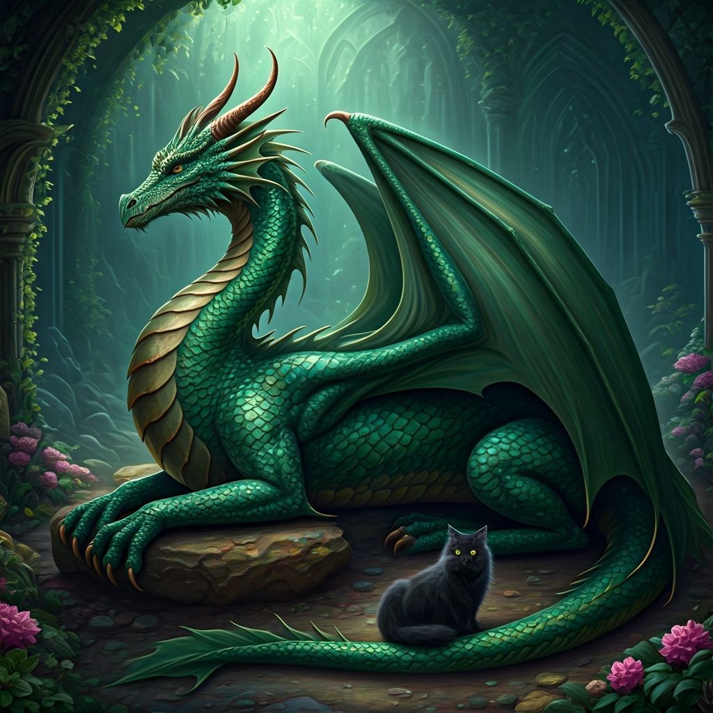 Emerald Dragon and Black Cat in Mystical Realm