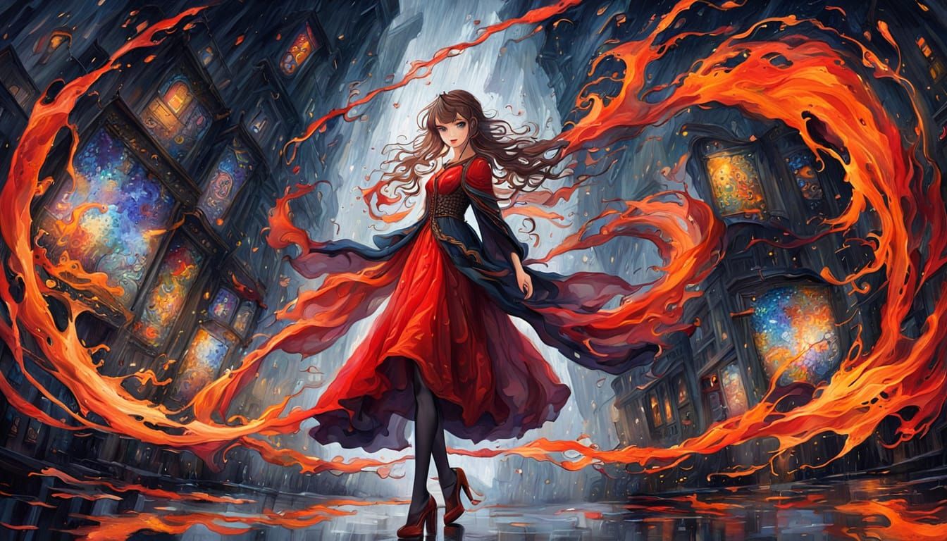 Woman in Red Dress: Abstract Impressionist Gouache Painting