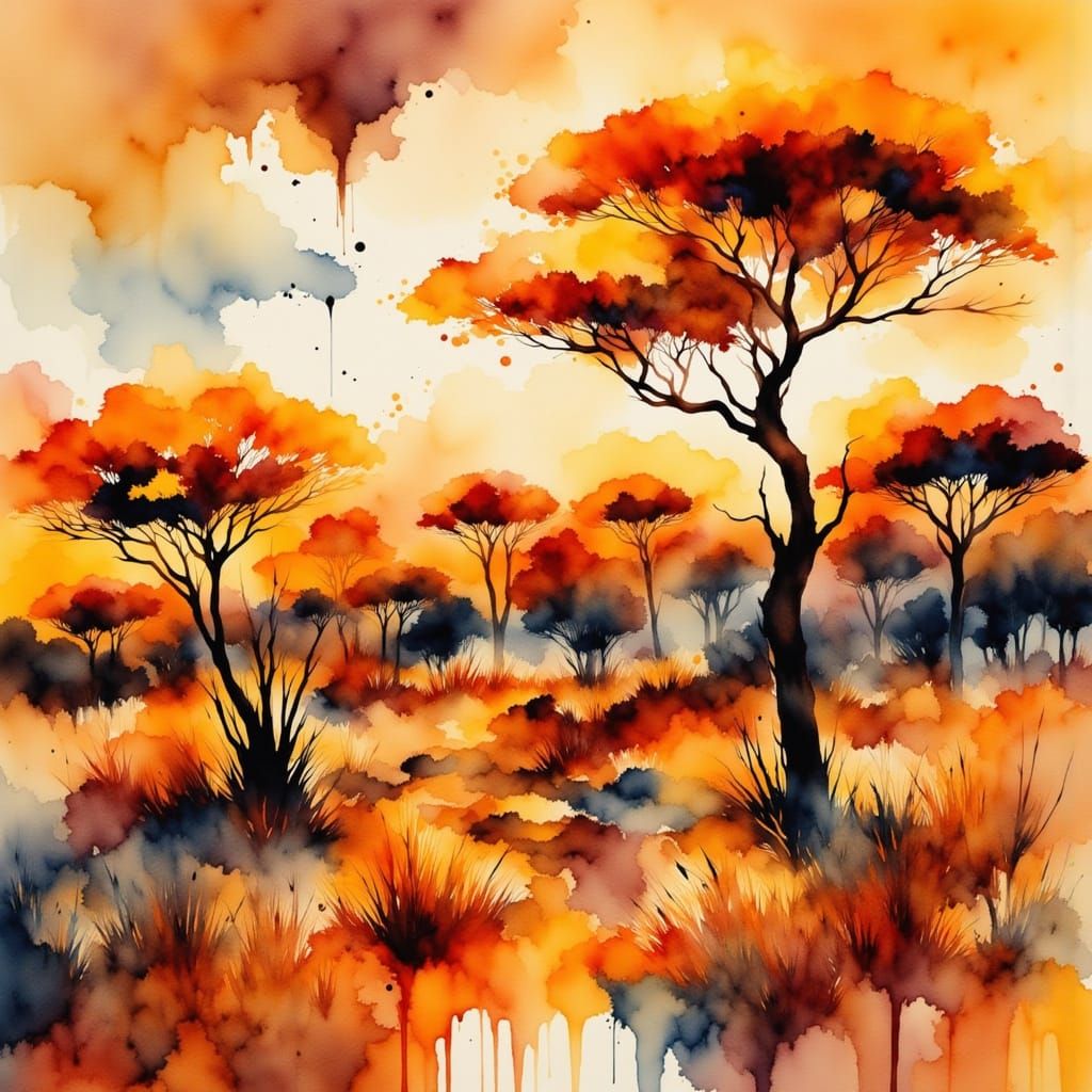Savanna Landscape in Abstract Watercolor Style