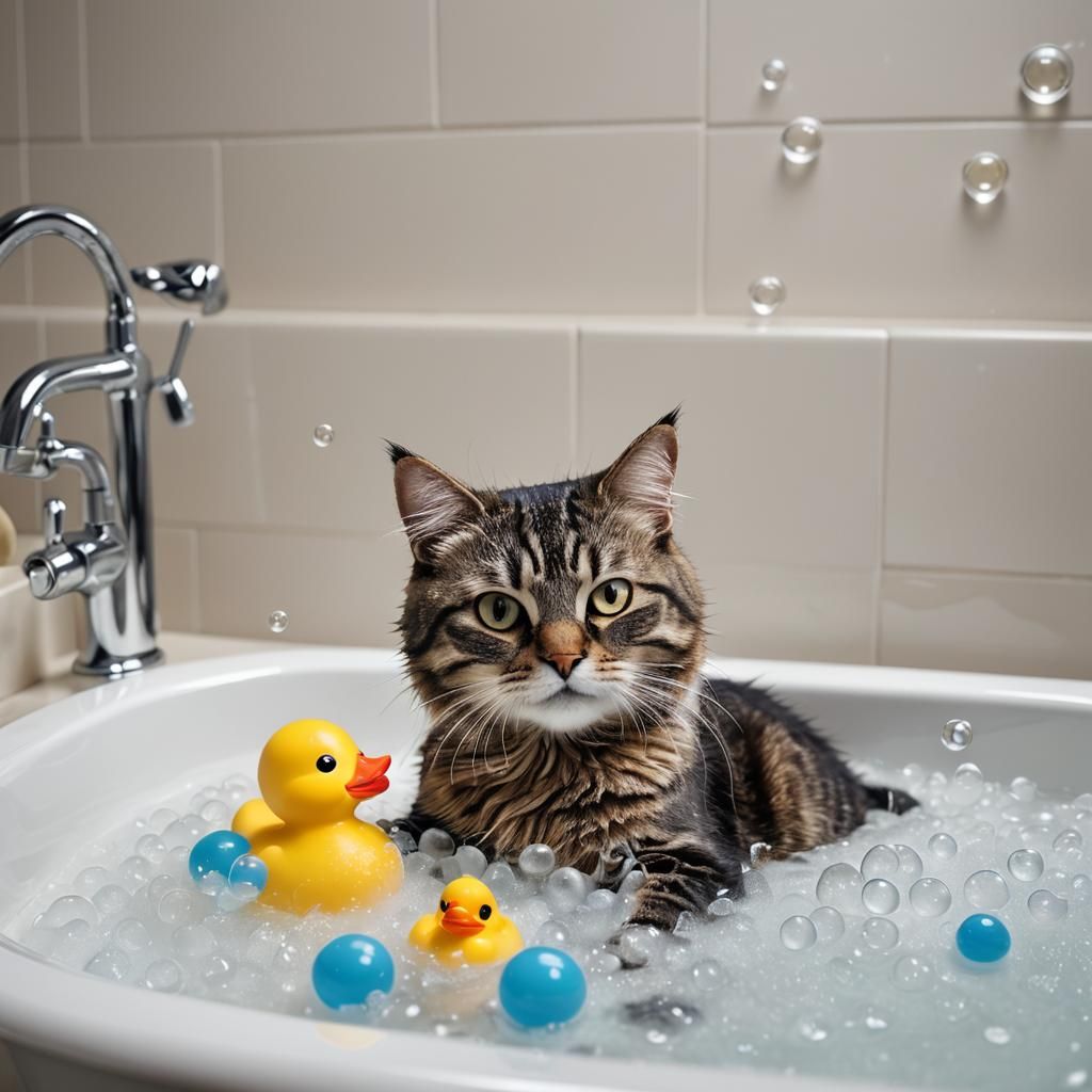 Cartoon Cat's Bubble Bath with Rubber Duck