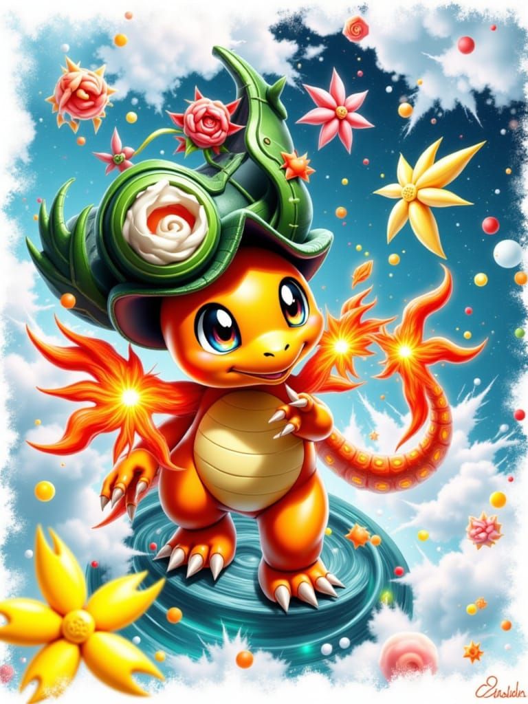 Chibi Charmander Breathes Fire in Realistic Style