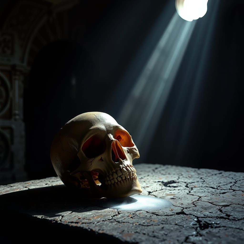 Dramatic Skull Photograph in Dark Crypt with Light Beam