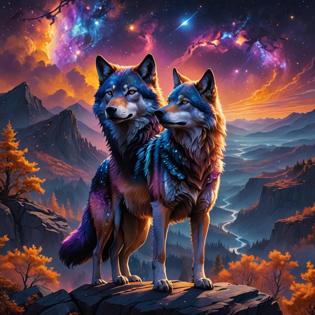 Majestic Galaxy Wolf Overlooking Starry Night