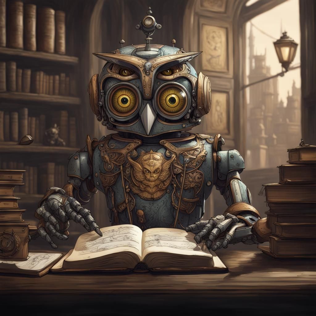 Robot Scholar with Owlish Face in Detailed Matte Painting
