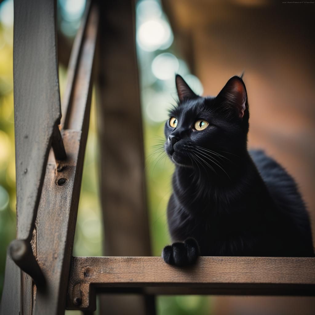 Mischievous Black Cat Under Ladder: Professional Photography