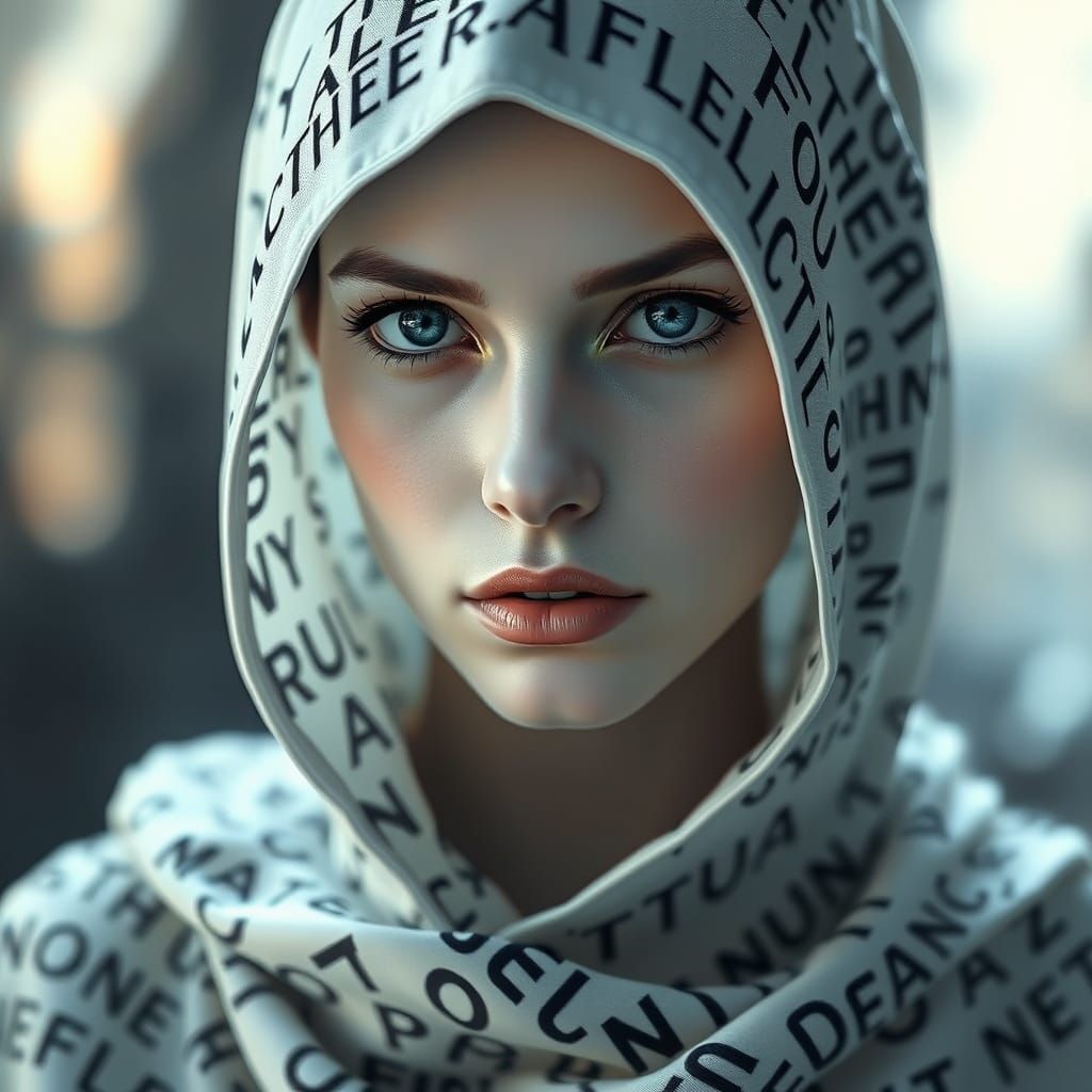 Ethereal Visionary with Typography Skin in Futuristic Attire