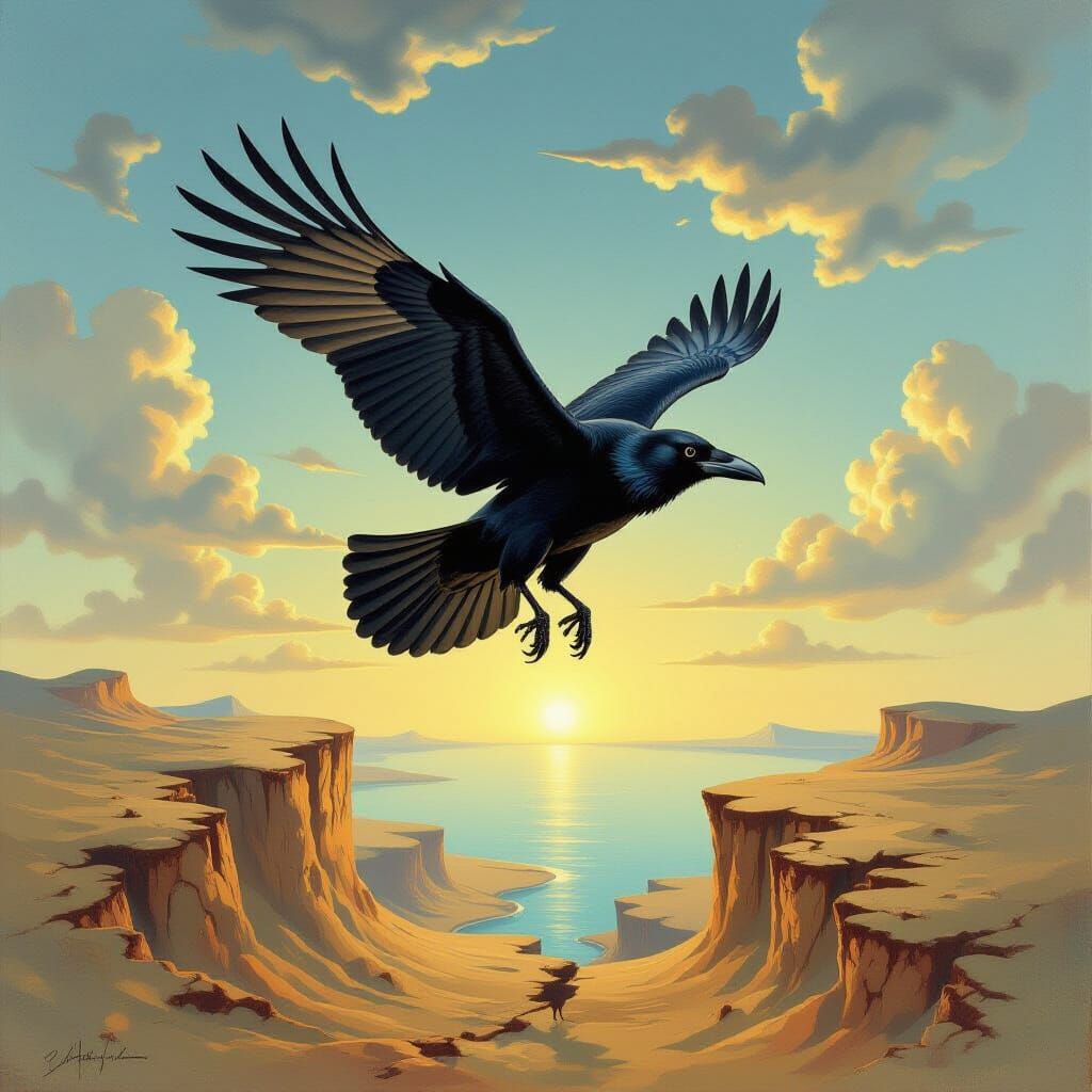 Surreal Raven Flight Over Melting Landscape