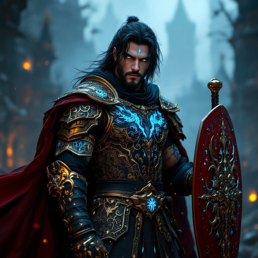 Ethereal Goth Warrior in Golden Armor, Radiant with Mystical...