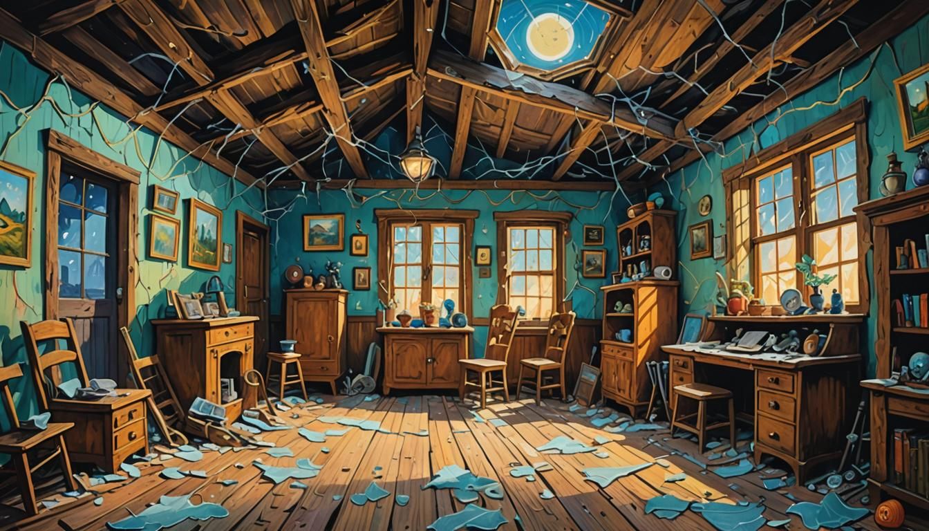 Surreal Dusty Attic: A Whimsical Gouache Painting