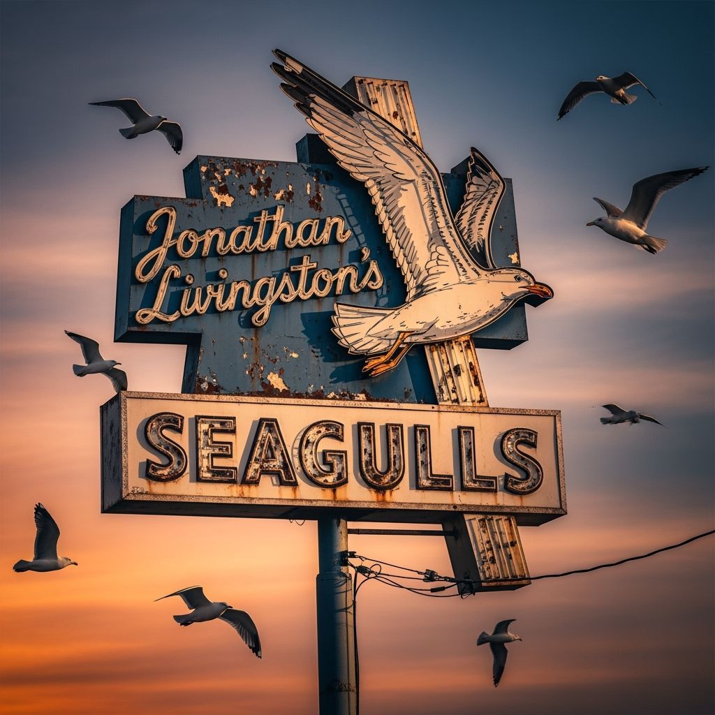 Retro Seagull Restaurant Sign at Sunset