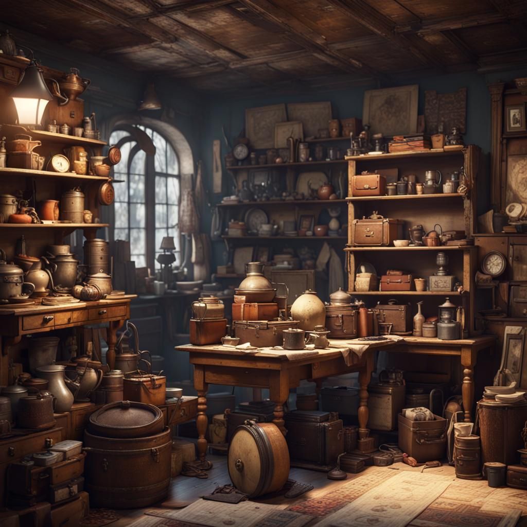 Brocanteur Surrounded by Antiques in 3D Style