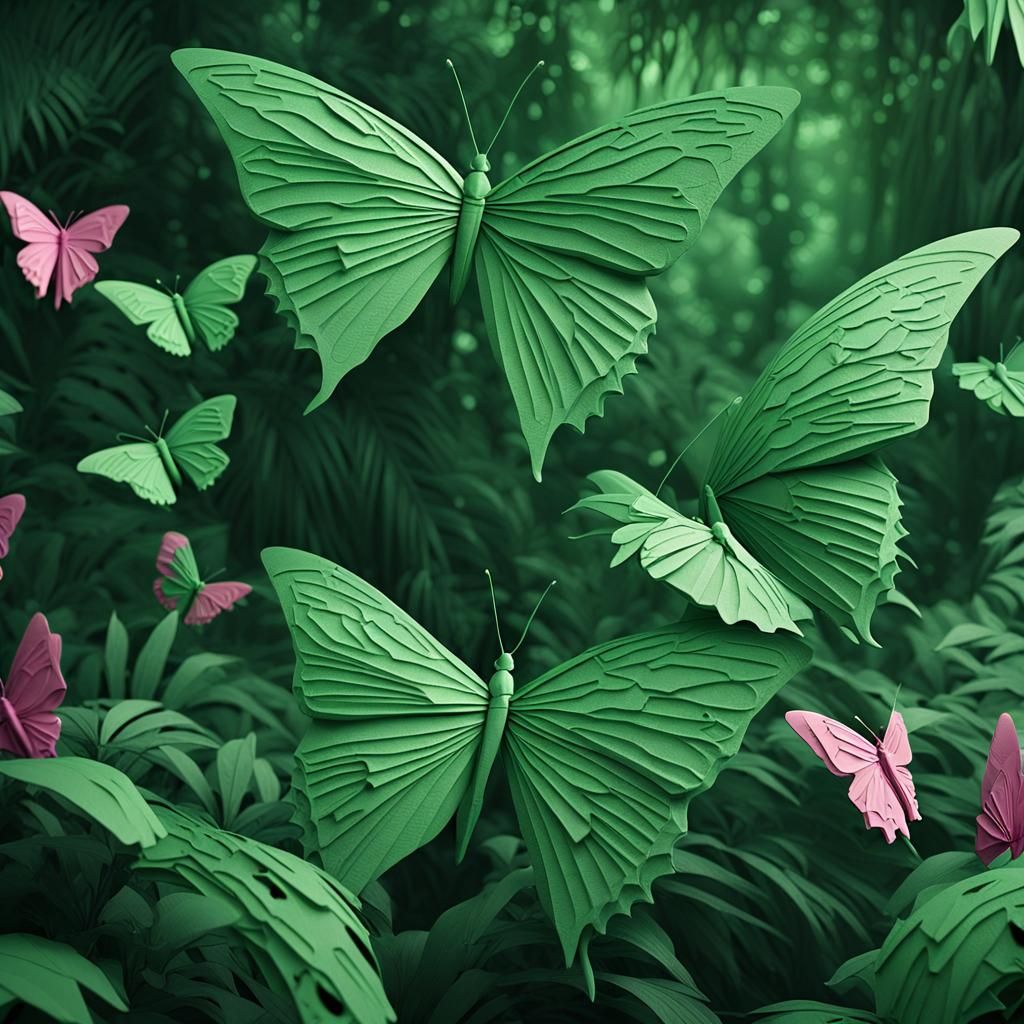 Pink and green butterflies in a green jungle