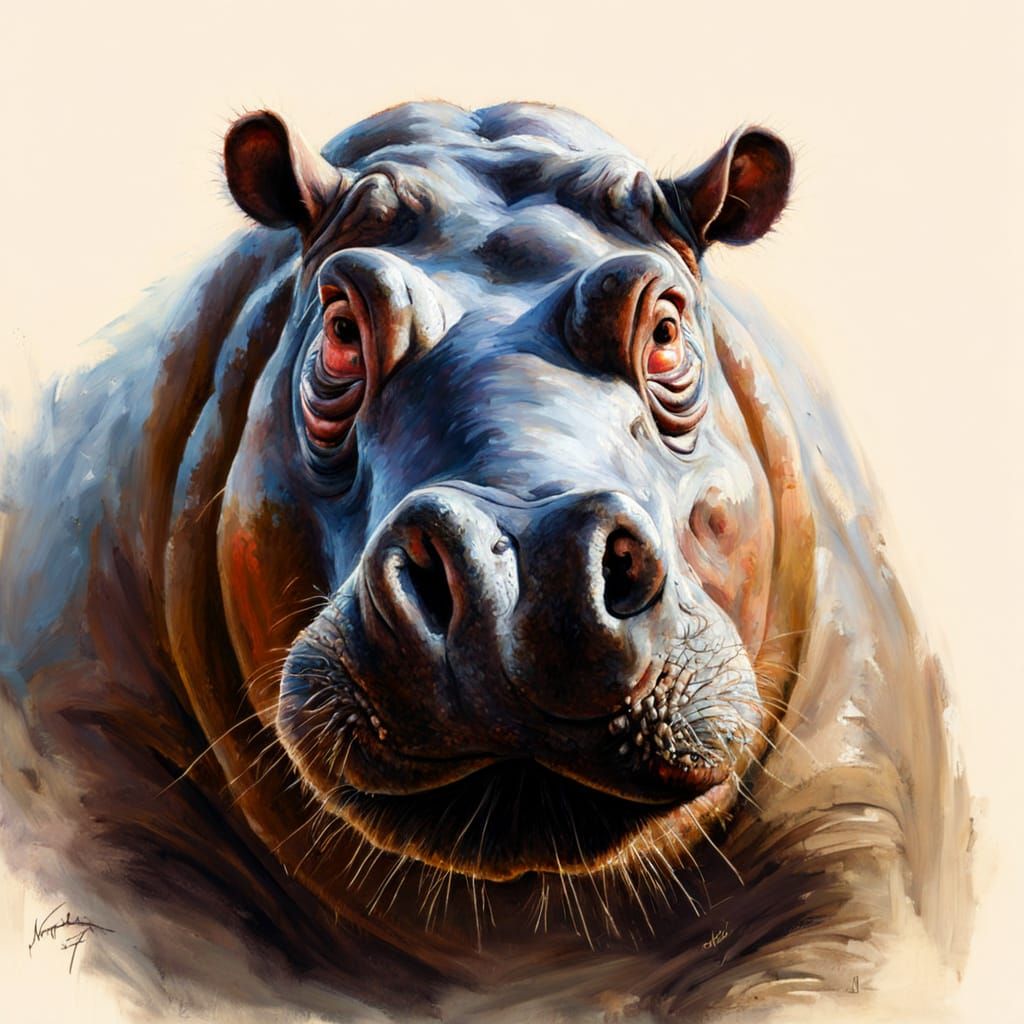 Oil Painting Portrait of a Hippopotamus by James Gurney