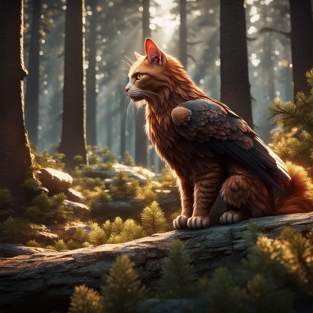 Red-Furred Cat with Eagle Wings in Forest