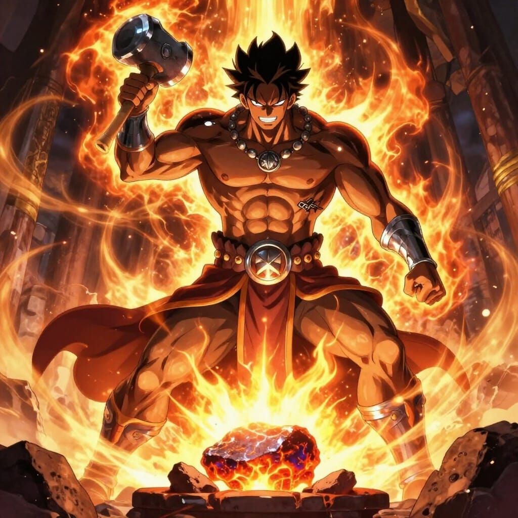 Divine Blacksmith God Forging Cosmic Ore in Anime Style