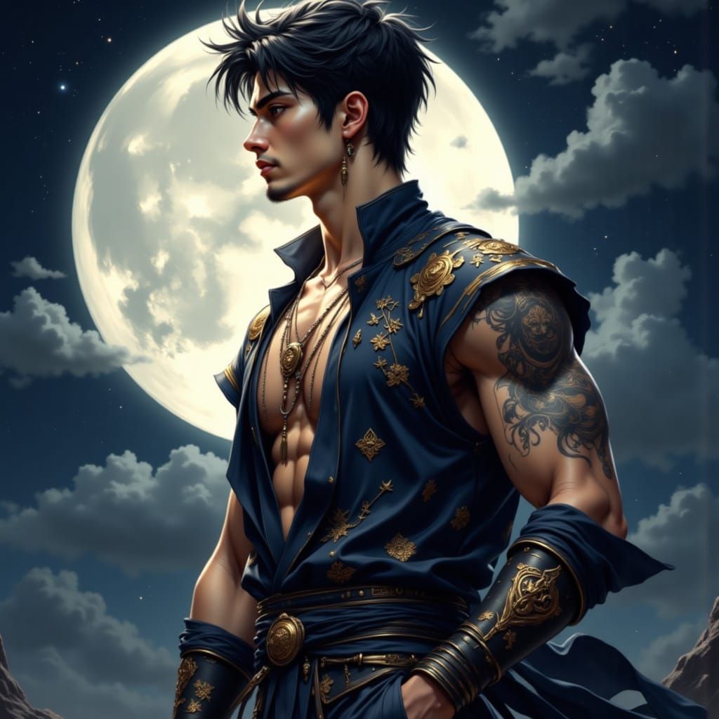 Attractive Man with Tattoos in Donghua Style Outfit