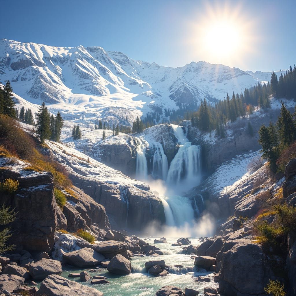 Alpine Waterfall in Summer Sun, Digital Art