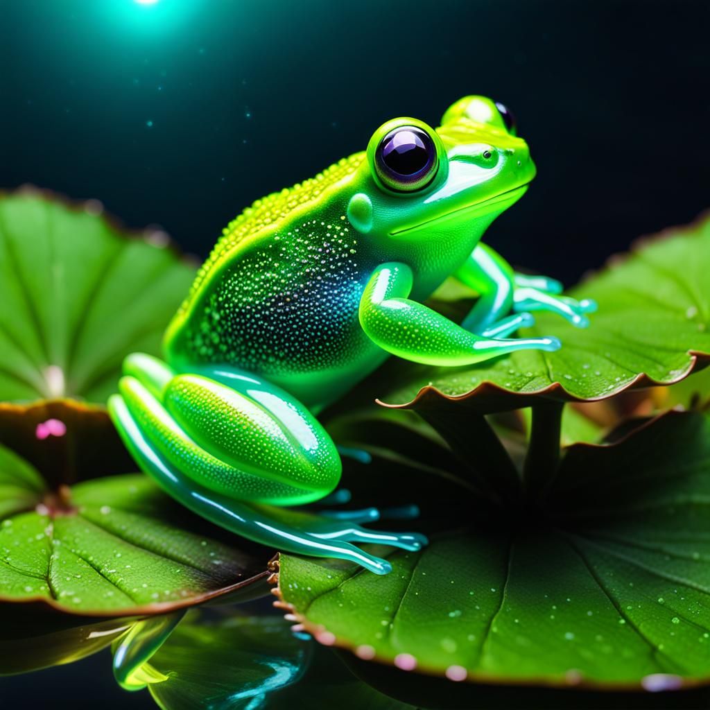 Bioluminescent Glass Frog in a Neon Fantasy Landscape