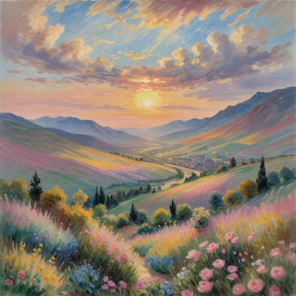 Impressionist Bird's Eye View Landscape in Monet Style