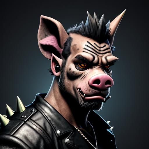Badass Punk Pig with Spikes and Piercings