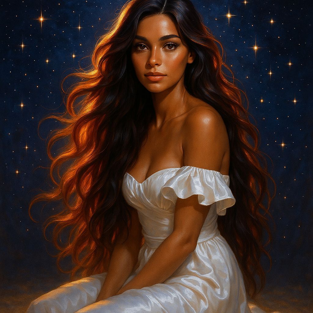 Brunette in White Gown Under Vibrant Starry Sky