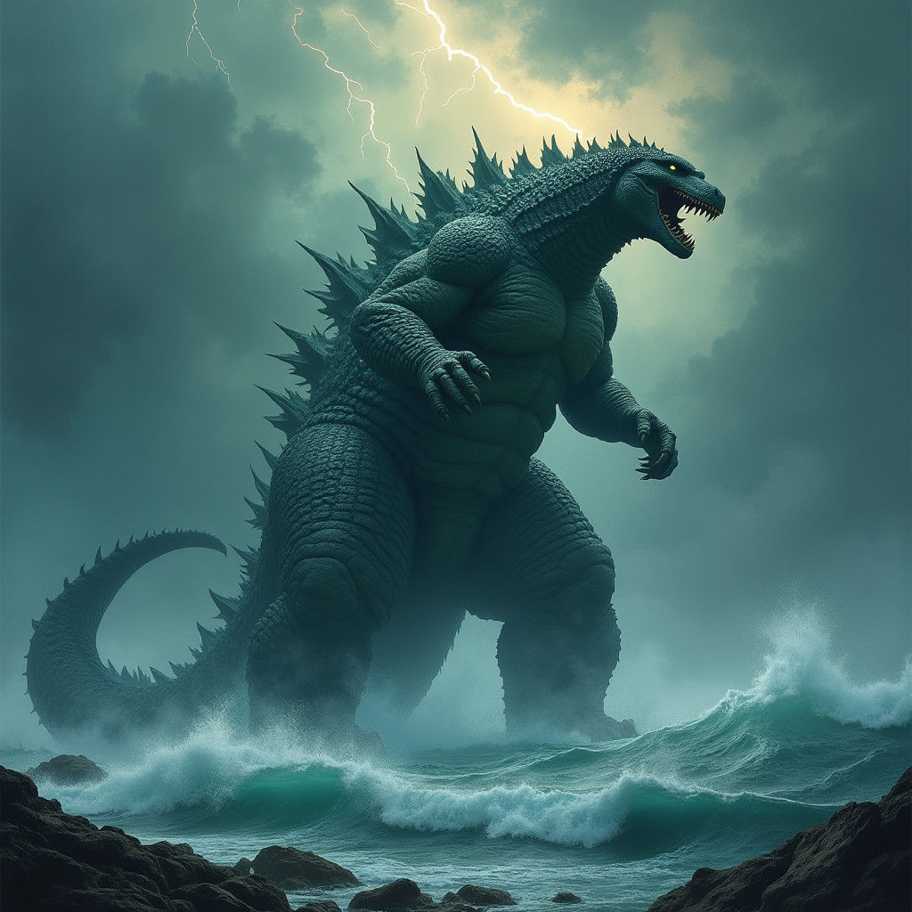 Godzilla Emerges from Stormy Waters as Fantasy Art