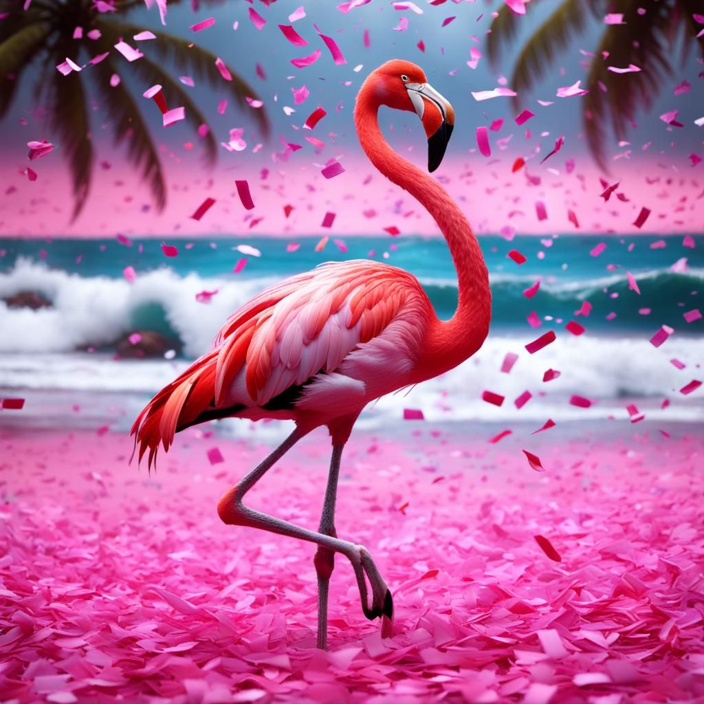 Pink Flamingo in Confetti Storm, Surreal Fantasy Art
