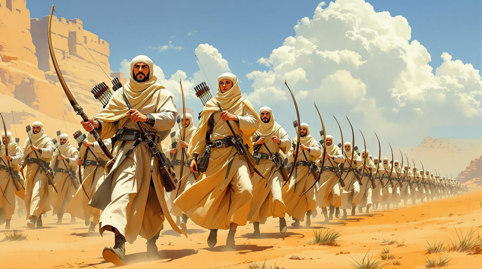 Salahuddin's Archers Marching Across Desert Battlefield