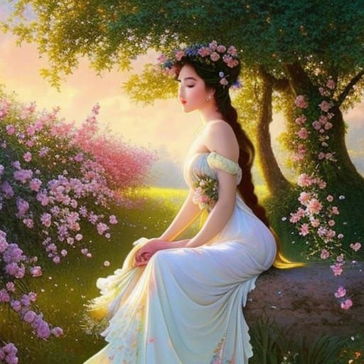 Peach Fairy in Orchard, Watercolor Fantasy Art