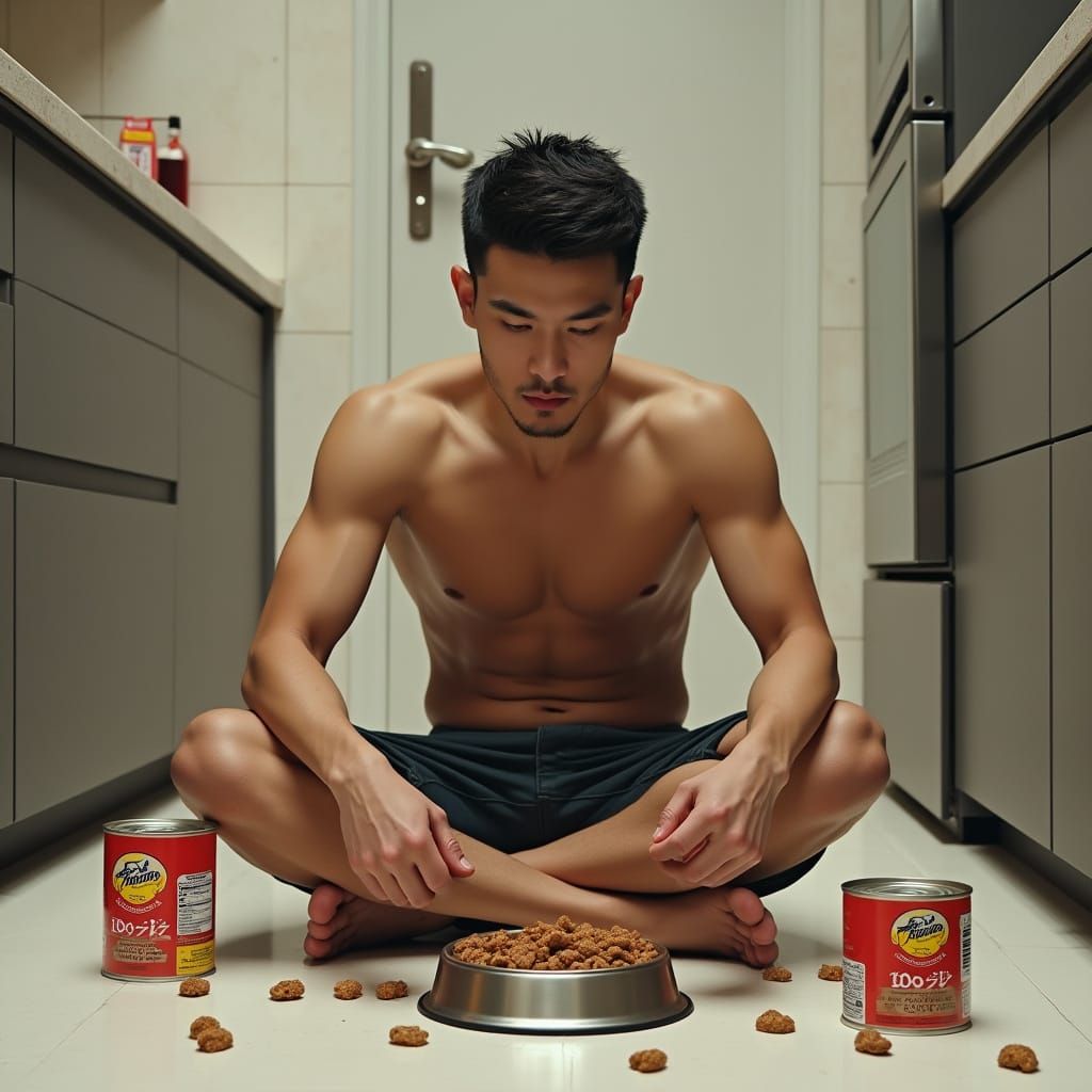Surreal Asian Man Eats Dog Food in a Modern Kitchen
