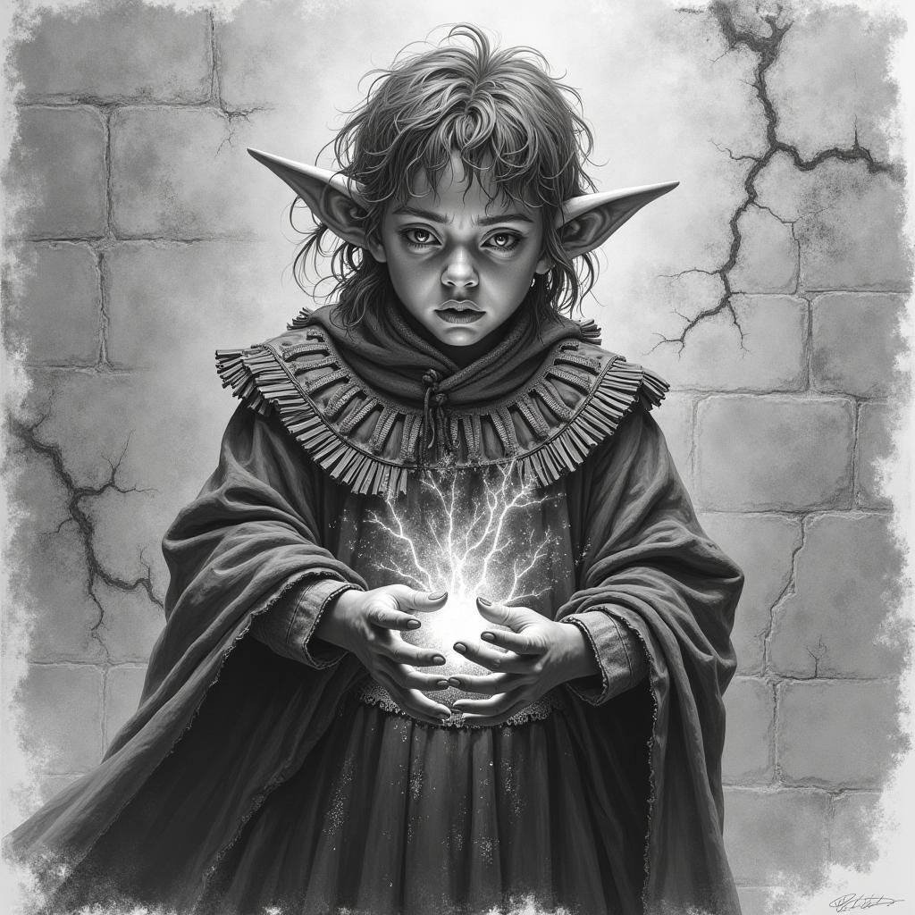 Halfling Spellcaster in Charcoal Drawing Style