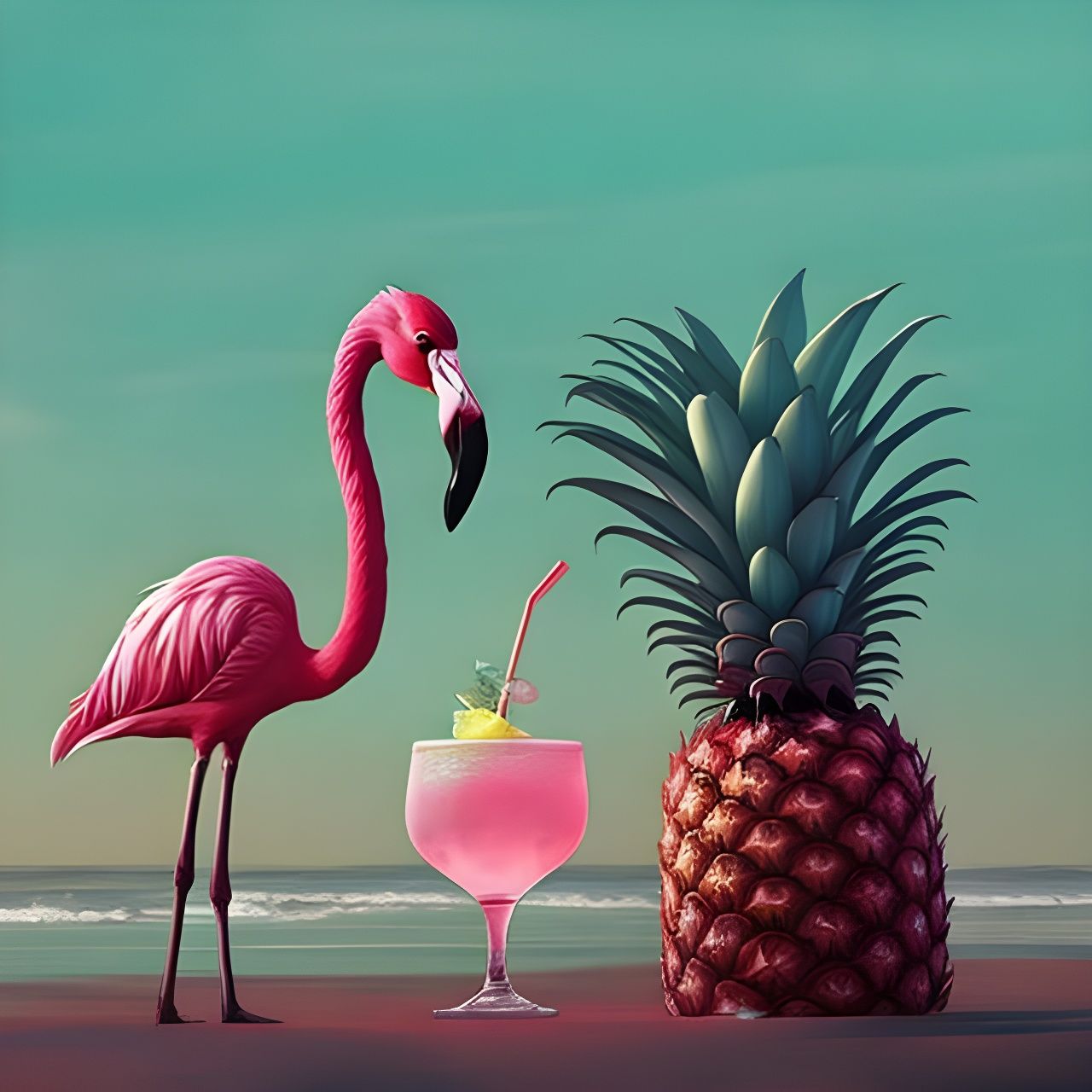 Pink Flamingo Sipping Pina Colada on Beach