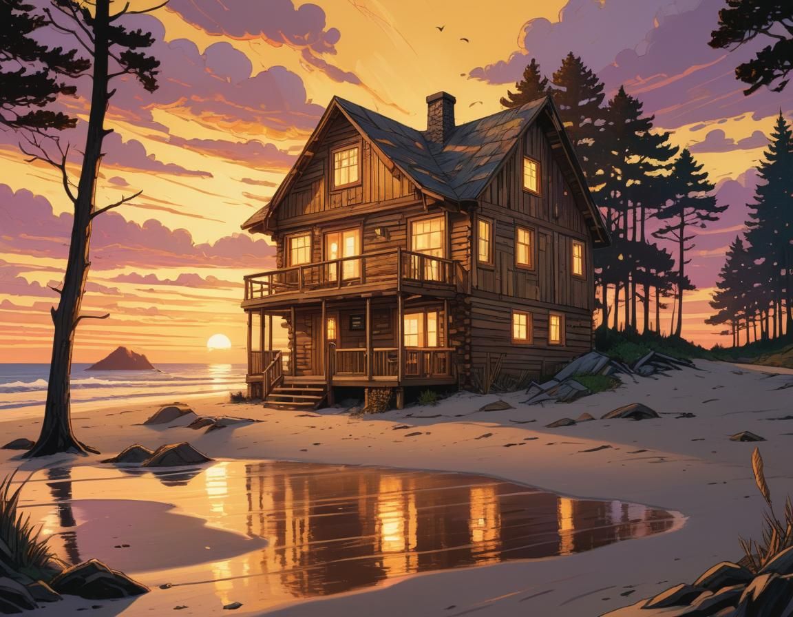 Cozy Beach Cabin at Sunset in Comic Book Style