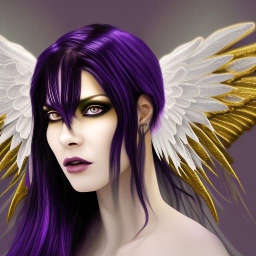 Gothic ethereal Angel with dark purple wings& Long black hair& purple eyes& Beautiful pale complexion with Golden glow t...