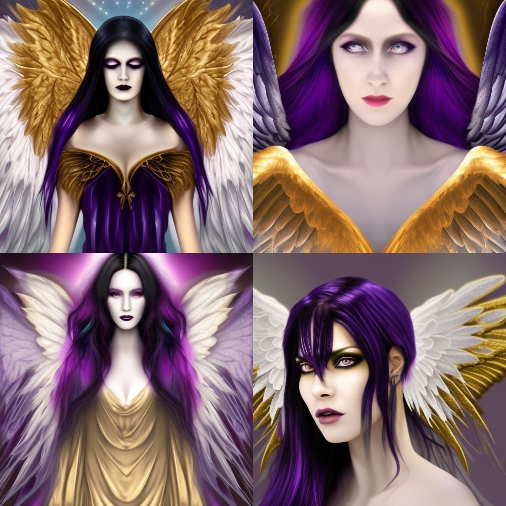 Gothic ethereal Angel with dark purple wings& Long black hair& purple eyes& Beautiful pale complexion with Golden glow t...