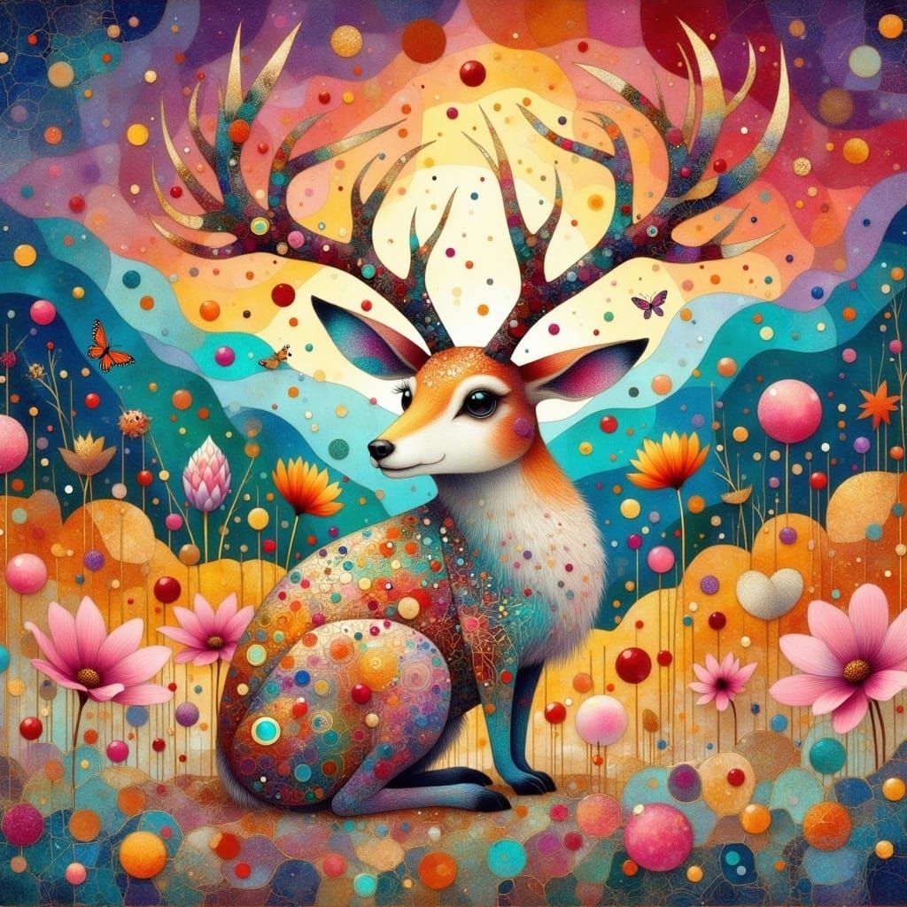 Majestic Jackalope in Whimsical Sunset Scene