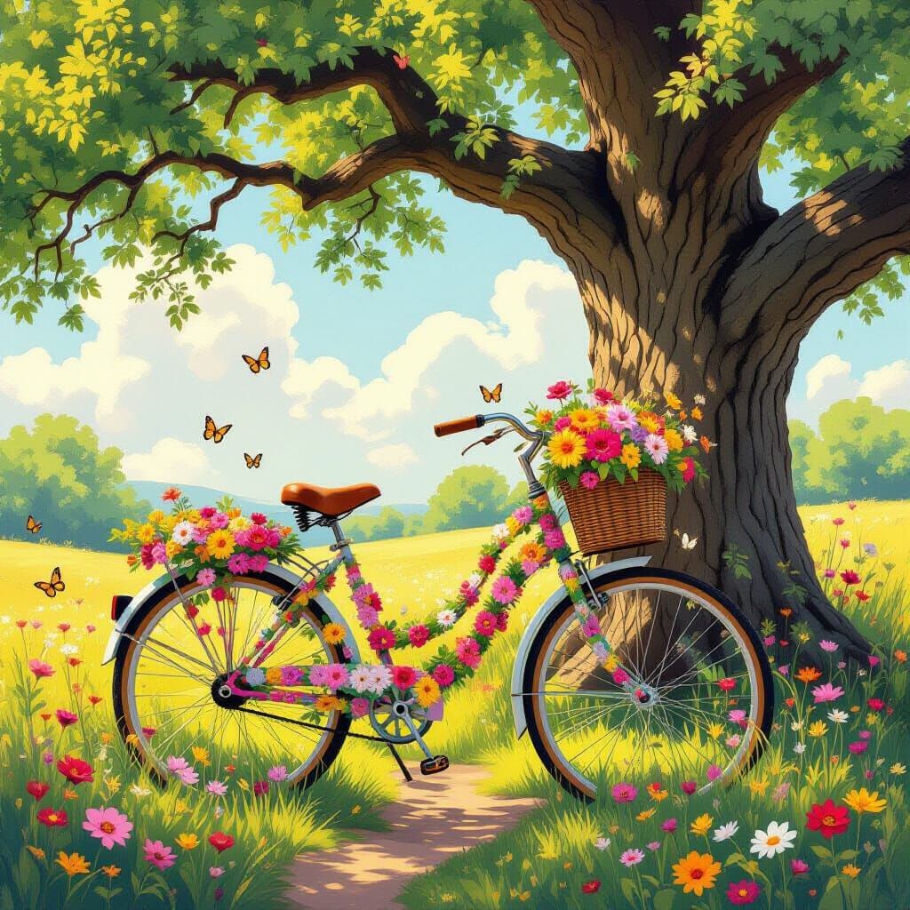 Whimsical Flower Bicycle in Sunny Meadow, Art Nouveau Style