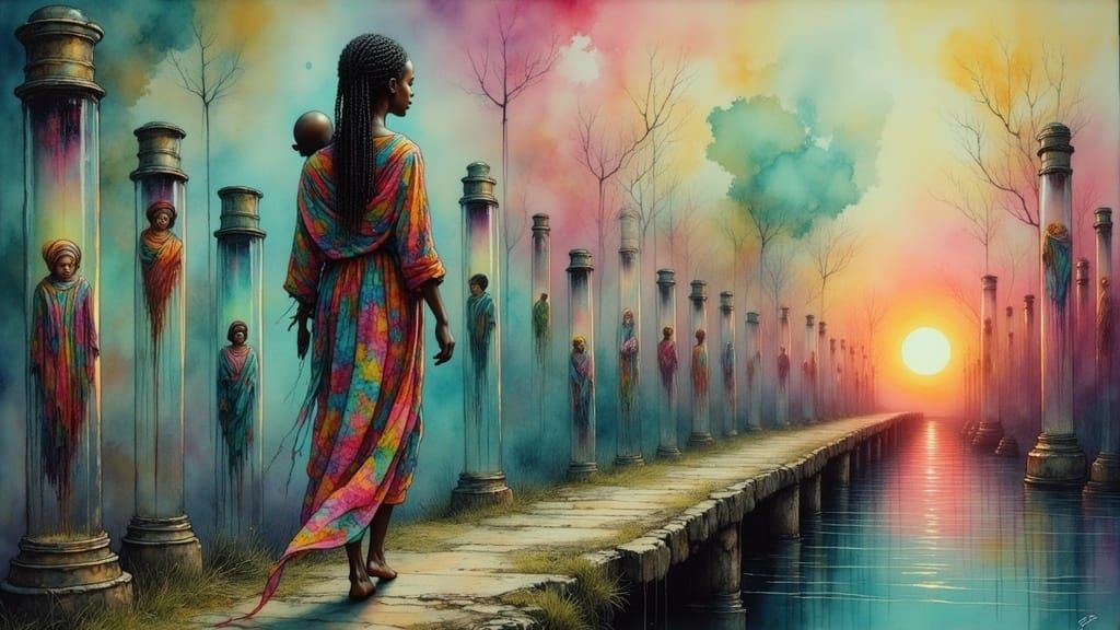 African Goddess Crosses Mystic Bridge in Vibrant, Dreamlike...