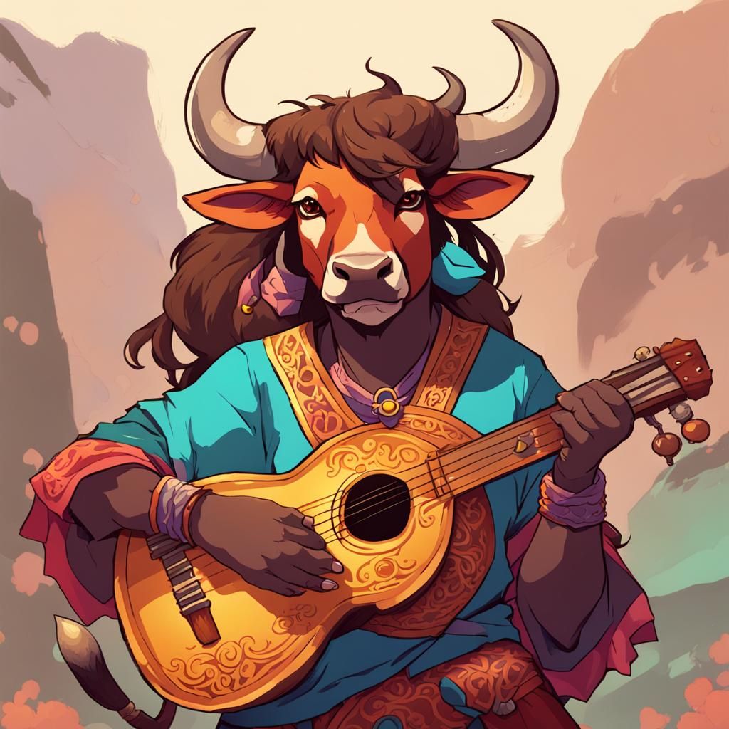 Anime Style Minotaur Bard with Lute