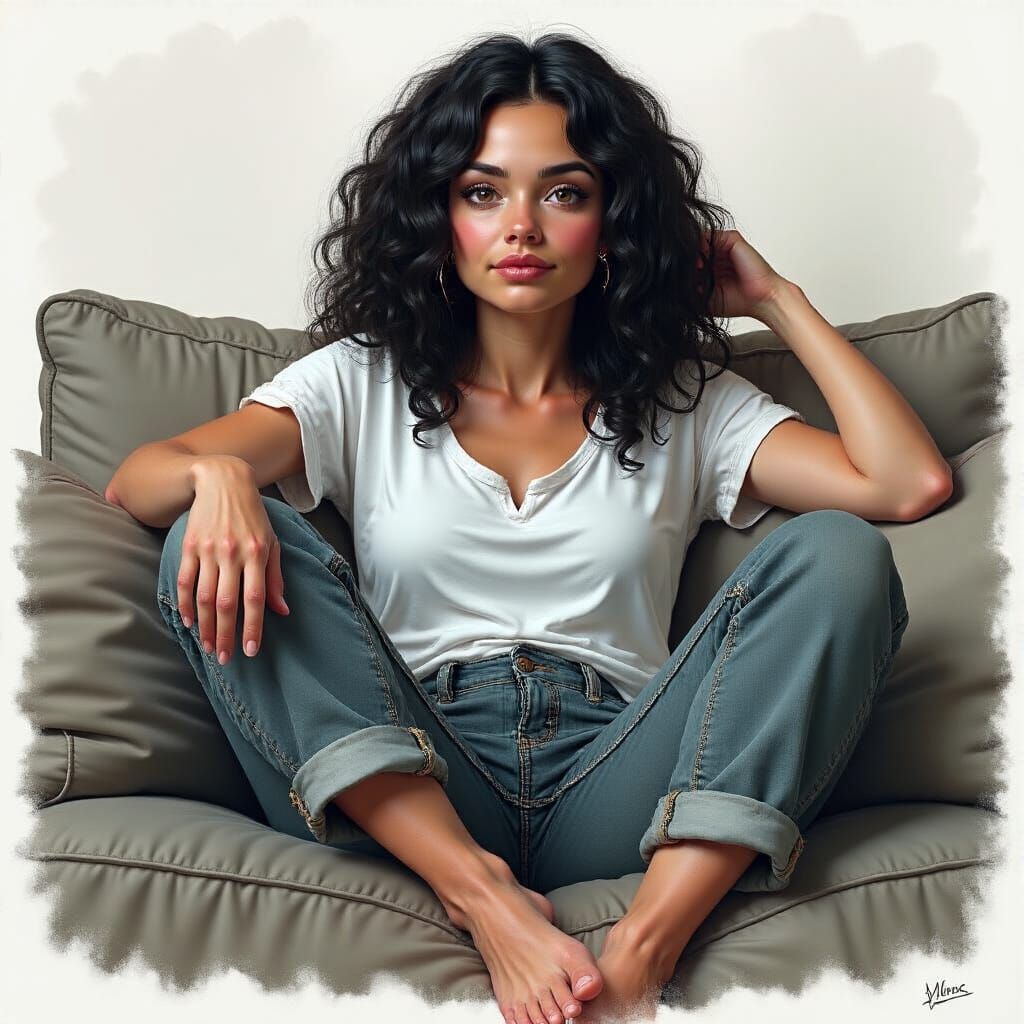 Hyperrealistic Charcoal Drawing of Woman on Sofa