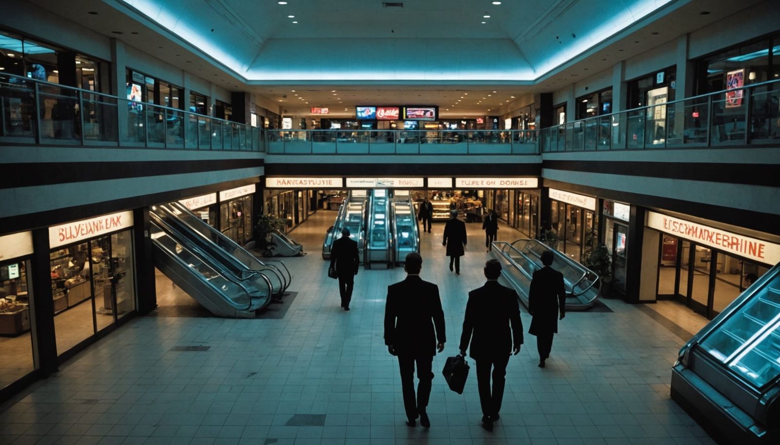 Eerie 1980s Mall with Men in Black