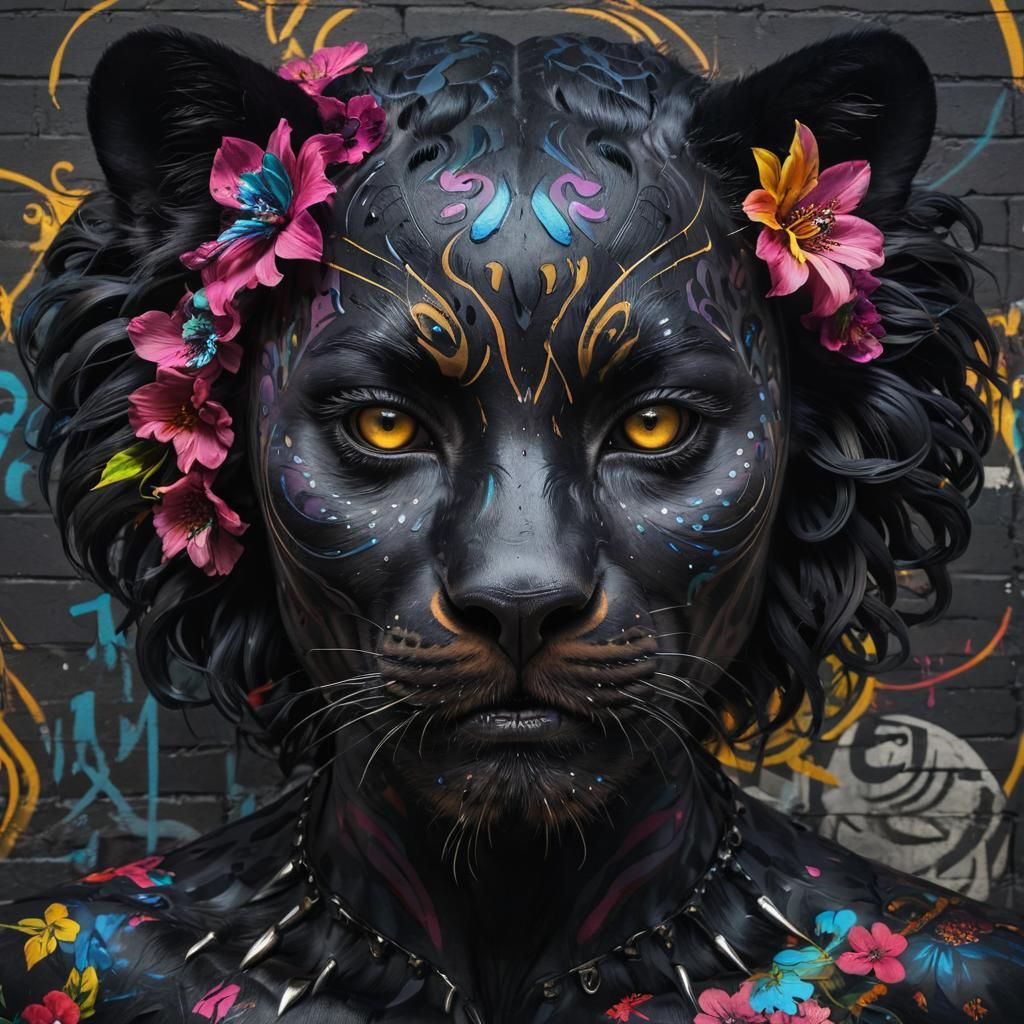 Black Panther with Catrina Face in Graffiti Art
