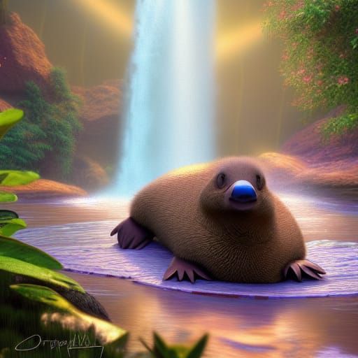 Adorable Platypus with Waterfall in Pixar Style
