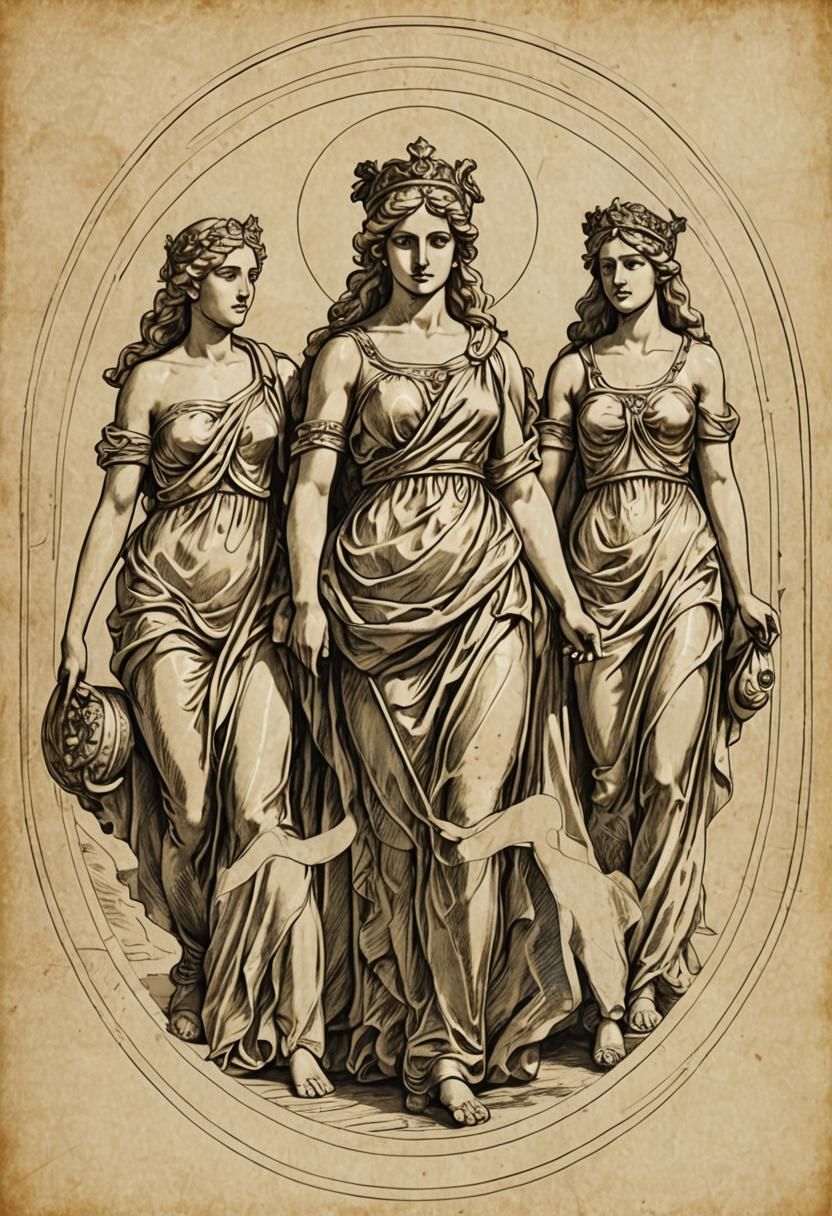 Greek Goddesses Outline in Etching Style