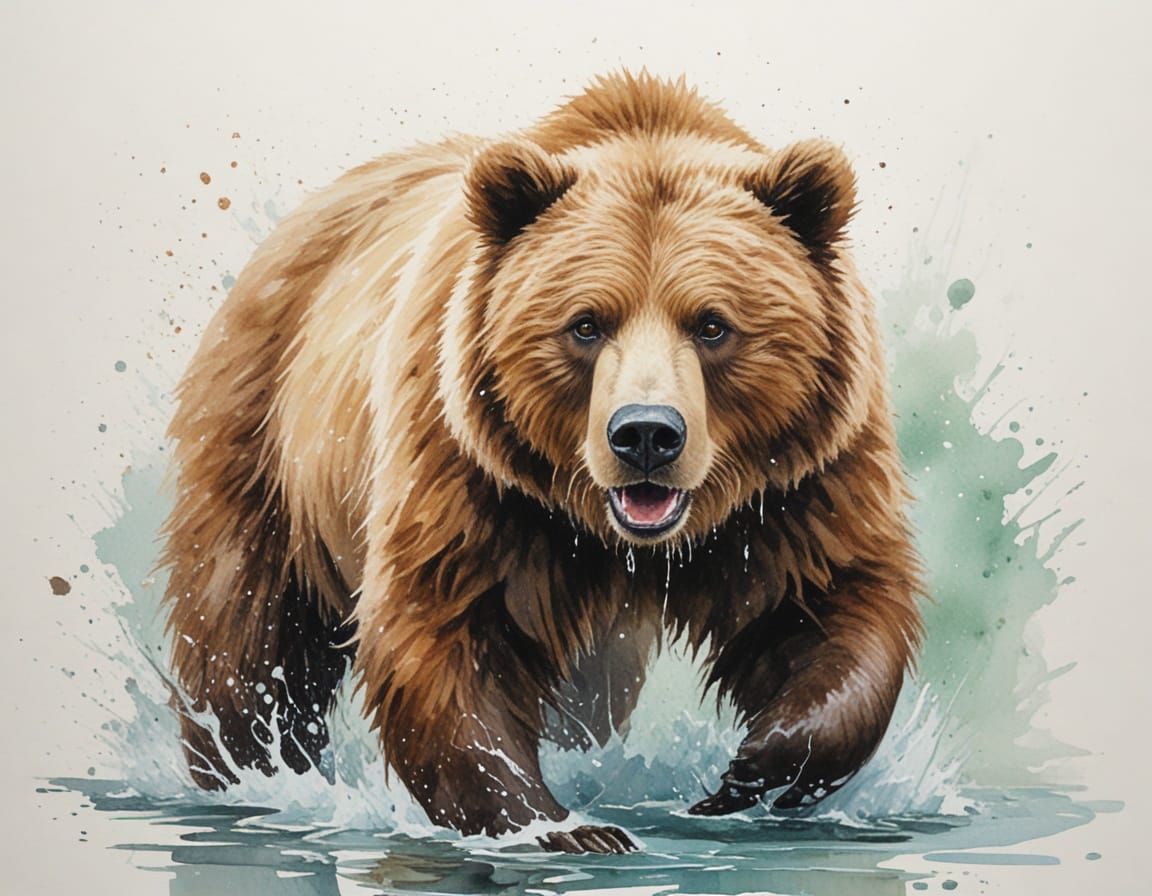 Grizzly Bears Fishing in Alaskan River, Watercolour Style