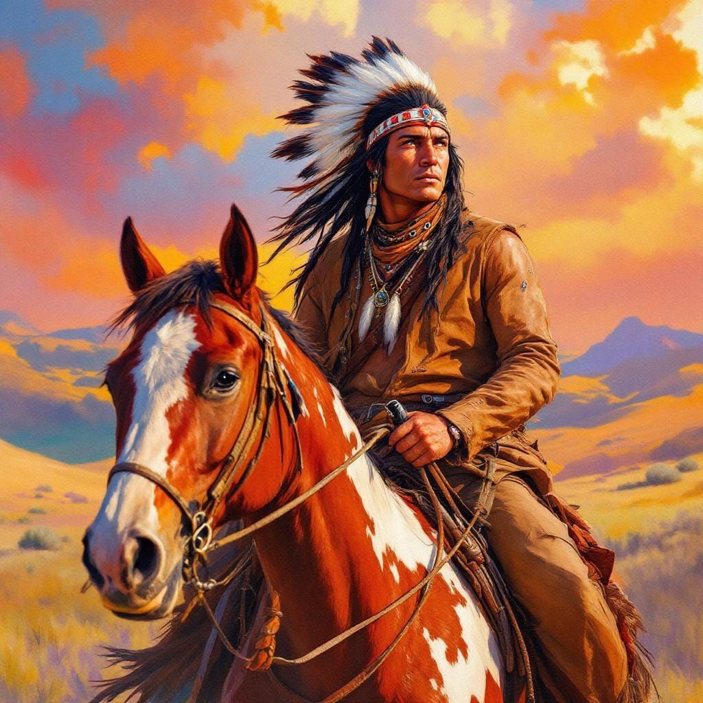 Native American Hunter on Pinto Horse, Gouache and Watercolo...